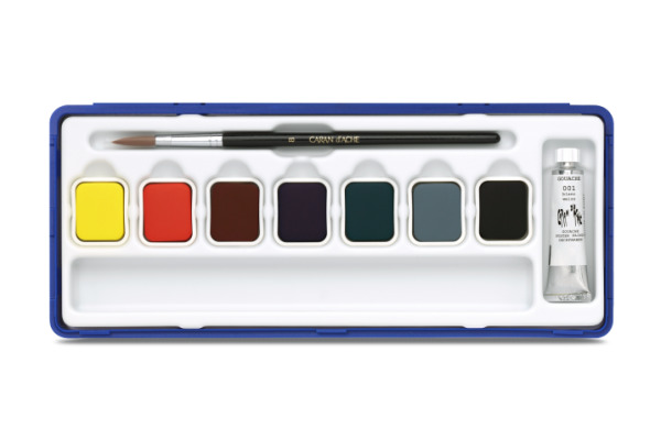 CARAN D'A Deckfarbe Gouache 1000.308 7 Farben Deckweiss, Pinsel