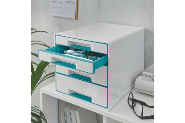 LEITZ Schubladenbox WOW Cube A4 52132051 weiss/eisblau, 4 Schubladen