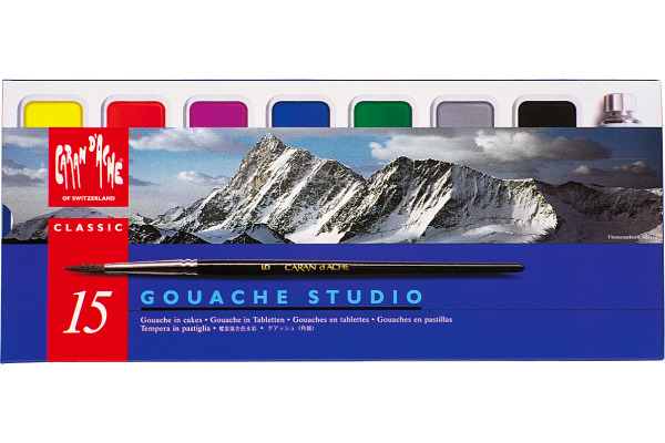 CARAN d'A Gouache Studio Wasserfarben 1000.315 14 Farben, 1 x weiß + Pinsel