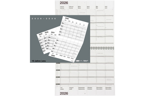 BIELLA 10-Jahreskalender Wire-O 2026 878310000 1J/2S grau DE/FR 30x24cm