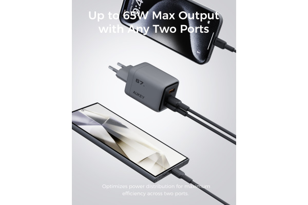AUKEY Comet Mix 67W GaN PD PA-C3 3-Port, Wall Charger Grey