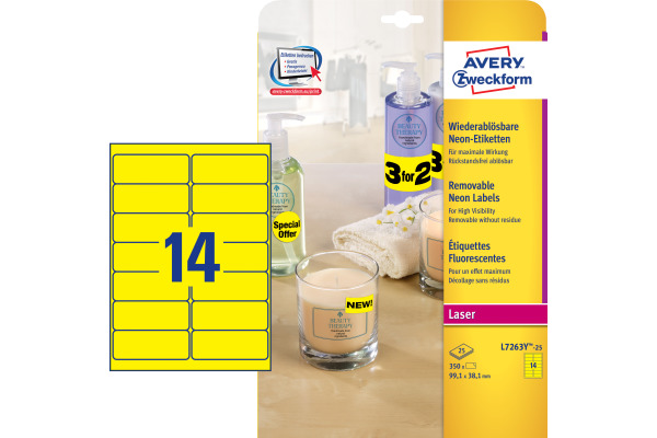 AVERY ZW. Etiketten 99,1x38,1mm L7263Y-25 gelb 350 Stück