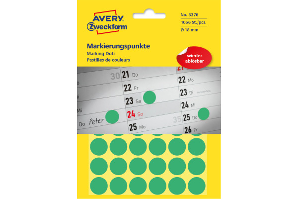 AVERY ZW. Markierungspunkte 18mm 3376 grün 1056 Stück