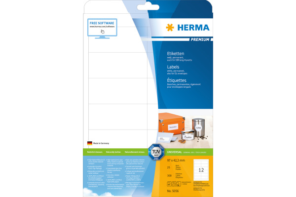 HERMA Etiketten PREMIUM 97x42.3mm 5056 weiss,perm. 300 St./25 Bl.