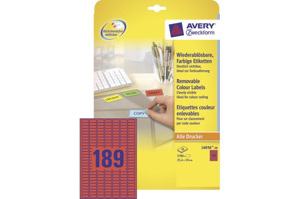 AVERY ZW. Etiketten 25,4x10mm L6036-20 rot 3780Stk./20Bl.