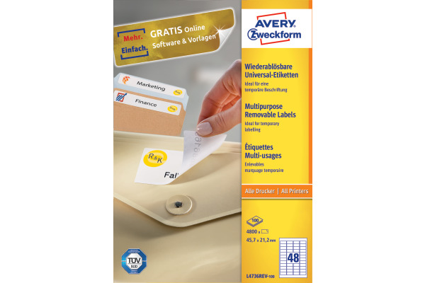 AVERY ZW. Universaletiketten 45,7x21,2mm L4736REV weiss,non-perm. 4800S./100B.