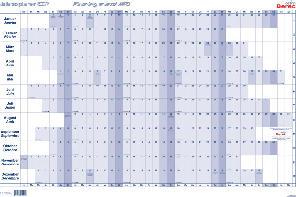 BEREC Jahresplaner quer 2027 5666TF/27 1J/1S blau plastifiz. 60x90cm