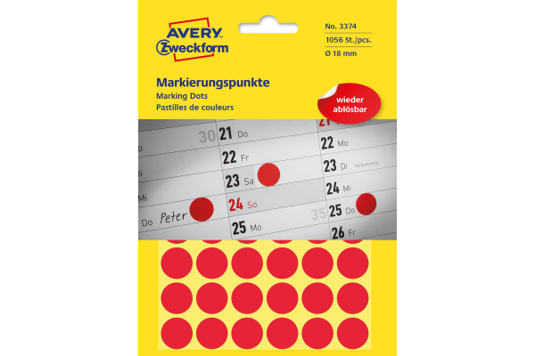 AVERY ZW. Markierungspunkte 18mm 3374 rot 1056 Stück