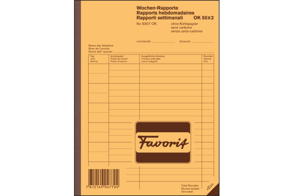 FAVORIT Wochen-Rapporte D/F/I A5 9307 OK Durchschreibepapier 50x2 Blatt