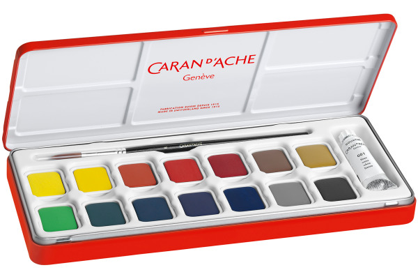 CARAN d'A Gouache Studio Wasserfarben 1000.315 14 Farben, 1 x weiß + Pinsel