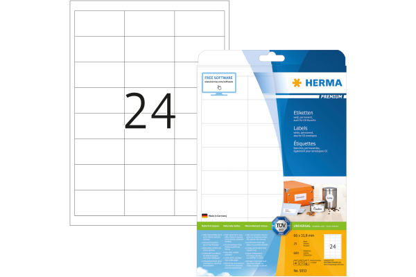 HERMA Universal-Etikett. 66,0x33,8mm 5053 weiss 600 St./25 Blatt