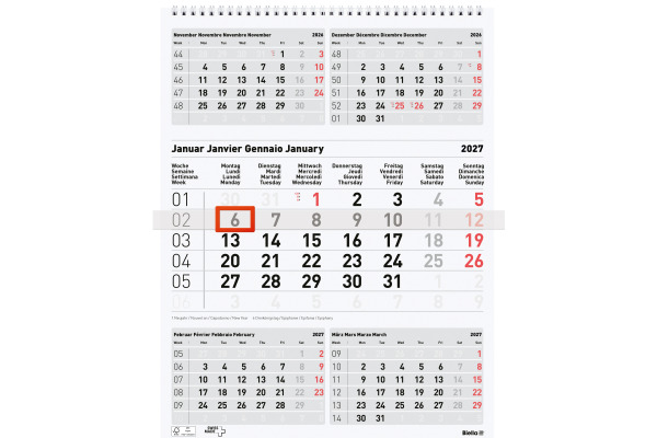 BIELLA 5-Monatskalender Wire-O 2027 889030000 5M/1S grau ML 31x40cm