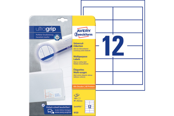AVERY ZW. Etiketten 97x42,3mm 6123 weiss 120 Stk./10 Blatt