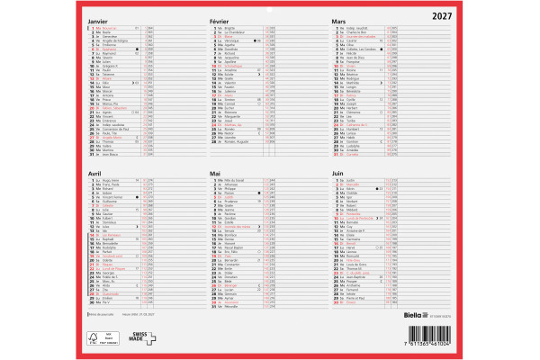 BIELLA Wandkalender 2027 871006910 6M/1S rot/weiss FR 32x29.7cm