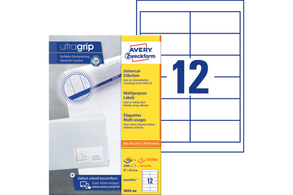 AVERY ZW. Etiketten 97x42,3mm 3659-200 weiss 2640 Stk./200+20 Blatt