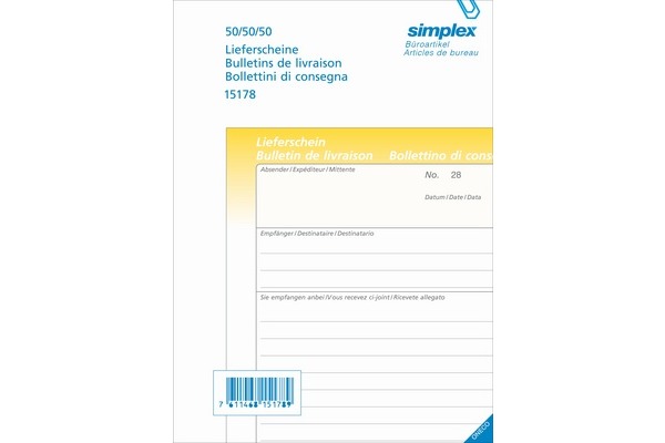 SIMPLEX Lieferscheine D/F/I A5 15178 Durchschreibepapier 50x3 Blatt