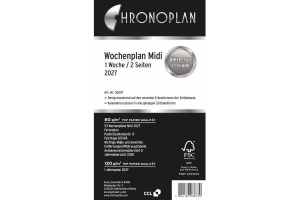 CHRONOPLA Ersatz Wochenplan 2027 50257Z.27 1W/2S in Zeilen Midi