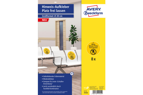 AVERY ZW. Hinweis-Aufkleber DE 20cm 49405 Platz frei lassen 8 Stück