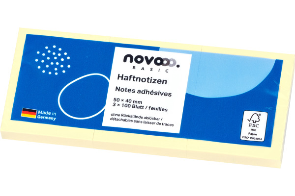 NOVOOO Haftnotizen Basic 40x50mm 5653-01 gelb 3x100 Blatt
