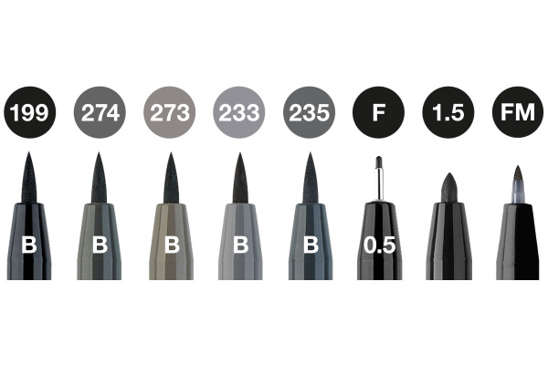 FABER-CA. Artist Pen Tuschestift 167171 grau, schwarz 8 Stk.