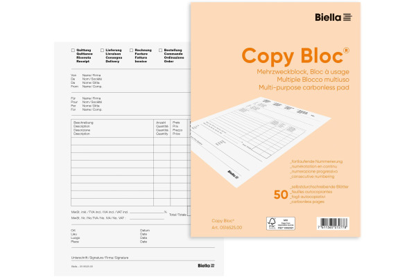 BIELLA Mehrzweck.COPY-BLOC D/F/I/E A5 51652500U selbstdurchschreib. 50x2 Blatt