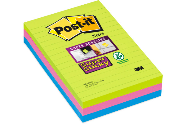 POST-IT Block Super Sticky 102x152mm 660-3SSUC 3-farbig ass.,3x90Bl.,liniert