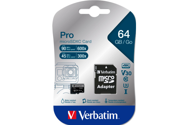 VERBATIM Micro SDXC Pro U3 64GB 47042 Read 90MB/sec. Write 45MB/sec