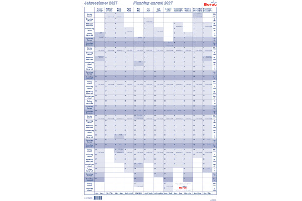 BEREC Jahresplaner hoch 2027 5668TF/27 1J/1S blau plastifiz. 90x60cm