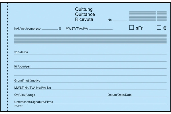 FAVORIT Quittungen D/F/I A6 9298 OK N blau/blau/weiss 50x3 Blatt
