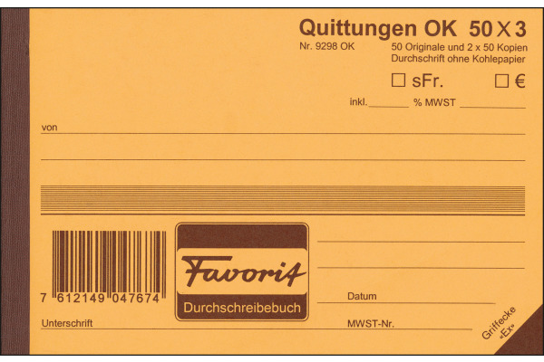 FAVORIT Quittungen D/F/I A6 9298 OK N blau/blau/weiss 50x3 Blatt