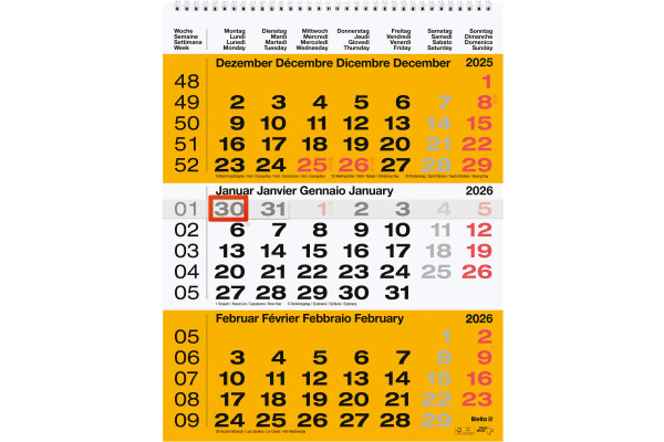 BIELLA 3-Monatskalender Wire-O 2026 889020200 3M/1S gelb ML 31x40cm
