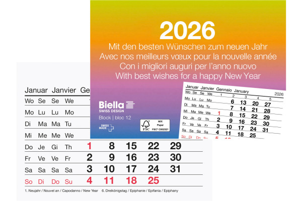 BIELLA Abreissblock Nr.12 2026 889012000 1M/1S mehrfarbig ML 11x7.7cm