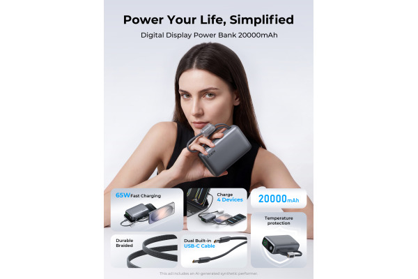 AUKEY Swivel Det-Duo PB 20000mAh PB-Y66-GY 65W,with Built-in Cable,GY