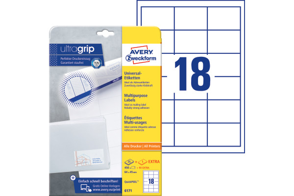 AVERY ZW. Universaletiketten 64x45mm 6171 weiss 540 Stk./25 + 5 Blatt