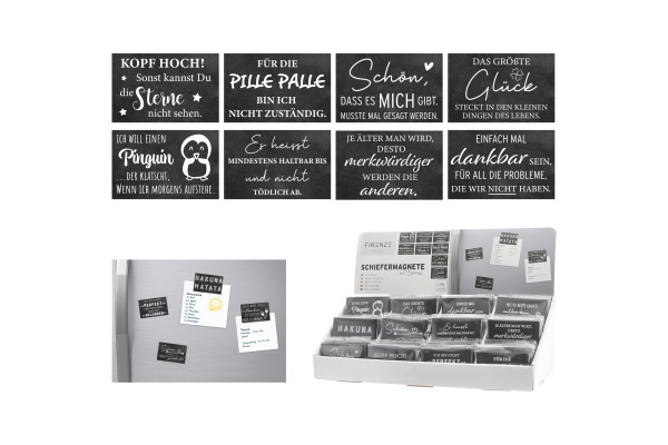 ROOST Magnete Schiefer mit Spruch 10039650 12-fach assortiert