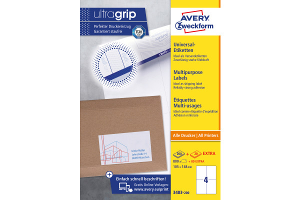 AVERY ZW. Universaletiketten 105x148mm 3483-200 weiss 880 Stk./200+20 Blatt