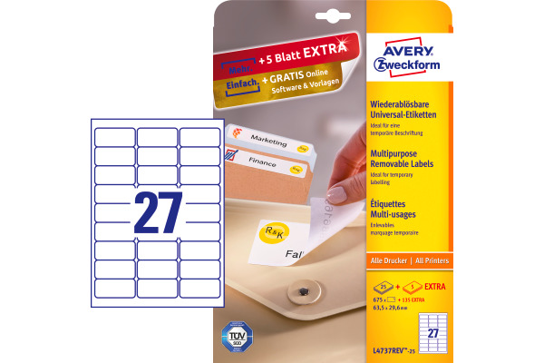 AVERY ZW. Universaletiketten 63,5x29,6mm L4737REV weiss,non-perm. 2700Stk.100B.