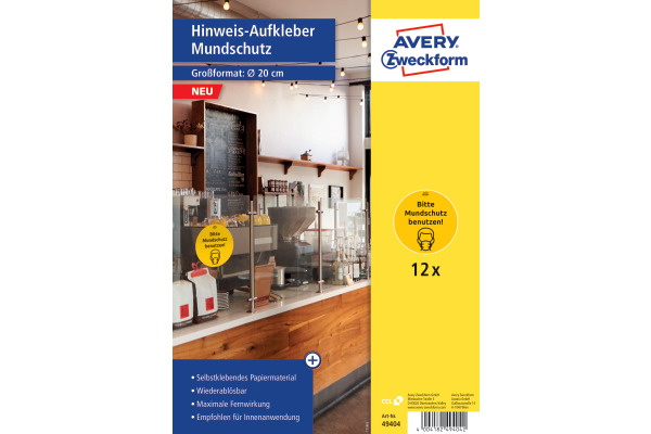 AVERY ZW. Hinweis-Aufkleber DE 20cm 49404 Mundschutz 12 Stück