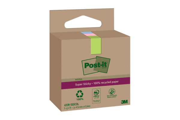 POST-IT SuperSticky Notes 47.6x47.6mm 622 RSS3 Recycling,assort. 3x70 Blatt
