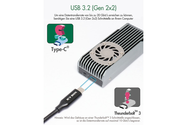 ICY BOX Ext. Gehäuse M.2 USB 3.2 G2 IB-1922MF NVMe, 30mm Lüfter