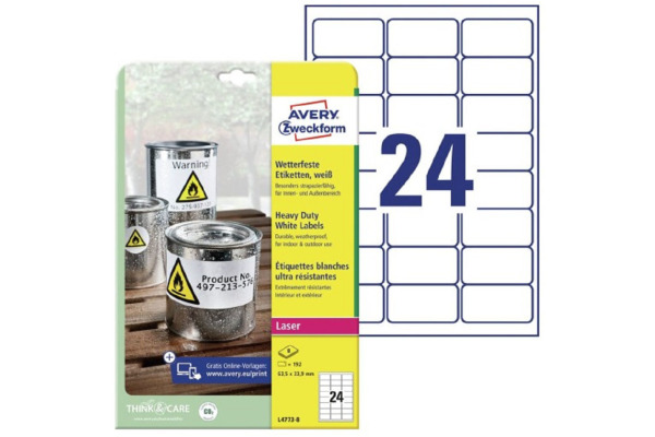 AVERY ZW. Etiketten Laser 63,5x33,9mm L47738 weiss, wetterfest 8 Blatt