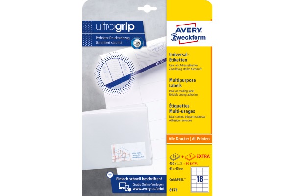 AVERY ZW. Universaletiketten 64x45mm 6171 weiss 540 Stk./25 + 5 Blatt