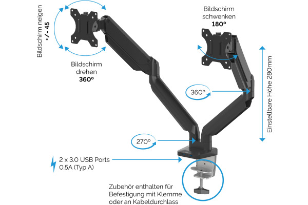 FELLOWES Monitorhalter Platinum Series 8042501 doppel, schwarz, 2xUSB