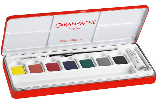 CARAN D'A Deckfarbe Gouache 1000.308 7 Farben Deckweiss, Pinsel