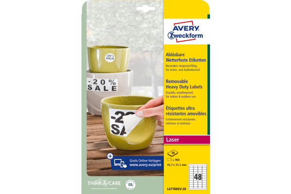 AVERY ZW. Folienetiketten 45,7x21,2mm L4778REV2 weiss,non-perm. 960 St./20 Bl.