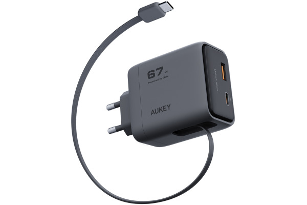 AUKEY Comet Reel Wallcharger 67W PA-C12 GaN,PD,Retrecta. USB-C Cable