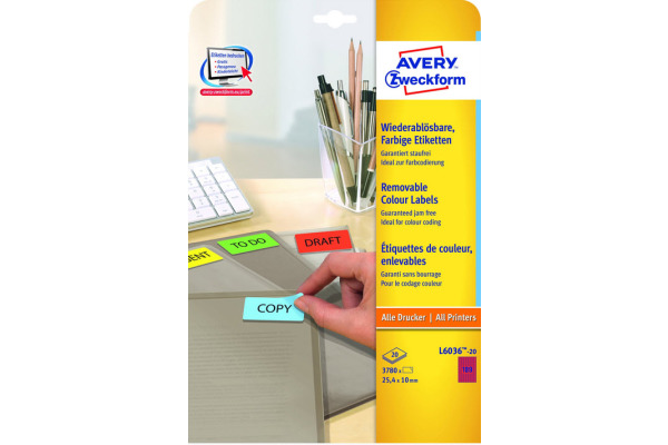 AVERY ZW. Etiketten 25,4x10mm L6036-20 rot 3780Stk./20Bl.
