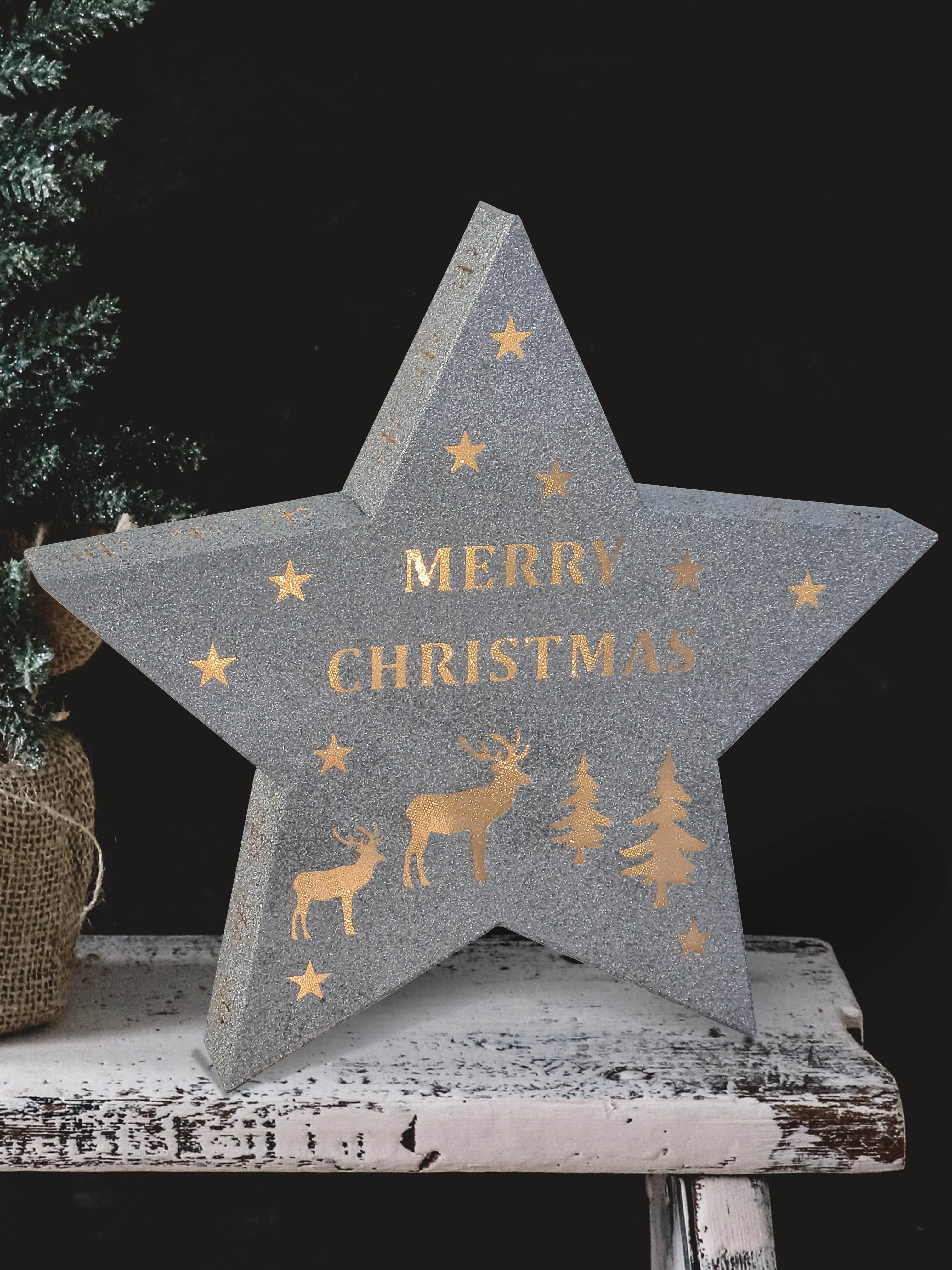 LED-Metallstern "Merry Christmas" 38x5x36cm Silber Glitzer, batteriebetrieben (nicht enthalten)