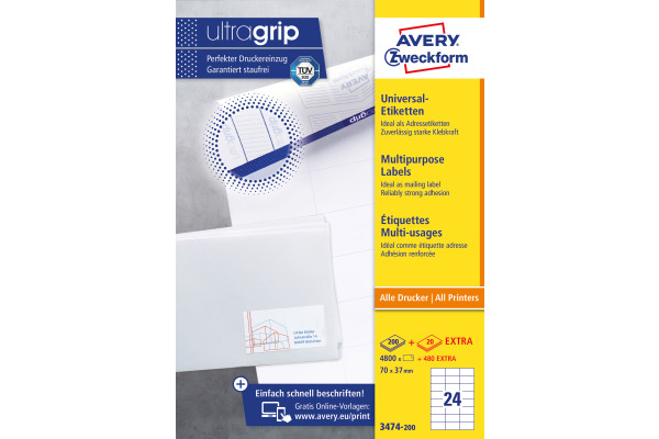 AVERY ZW. Universaletiketten 70x37mm 3474-200 weiss 5280 Stk./200+20 Blatt