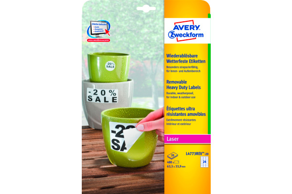 AVERY ZW. Folienetiketten 63,5x33,9mm L4773REV weiss-non-perm.480 St./20 Bl.